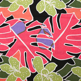 Lin viscose imprimé jardin tropical rose corail fond noir