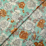 Maille polyester lamée bouquet de roses jaune et grise fond vert d'eau