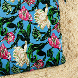 Maille velours imprimé botanique fond bleu turquoise