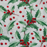 Polycoton imprimé Noël houx vert et boule rouge