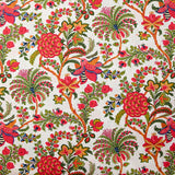 Popeline de coton imprimée fleurs folklorique rouge et vert fond écru