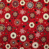 Popeline de coton imprimée médaillons et flocons de Noël fond rouge