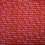 Popeline de coton imprimée Merry Christmas doré et argent fond rouge