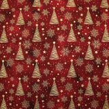 Cotton poplin printed with golden fir trees on a red marbled background