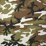 Satin de coton élasthanne camouflage olive et taupe fond blanc