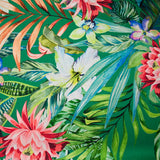 Satin polyester imprimé jardin botanique fond vert gazon