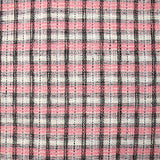Tweed de polyester à carreaux noir et rose fond crème