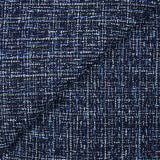 Tweed de polyester blanc et bleu ciel fond bleu marine