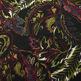Twill de viscose imprimé cachemire lie de vin, kaki et ocre fond noir