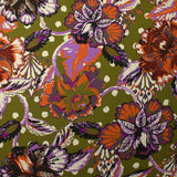 Twill de viscose imprimé fleurs paisley orange et violet fond kaki