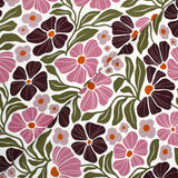 Velours de coton côtelé imprimé botanique rose sur fond blanc