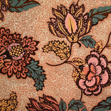 Viscose imprimée fleurs de porcelaine marron et corail fond abricot
