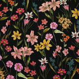 Viscose imprimée fleurs sauvages roses jaunes et orange fond noir