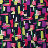 Viscose imprimée graphique fuchsia, mauve et vert fond marine