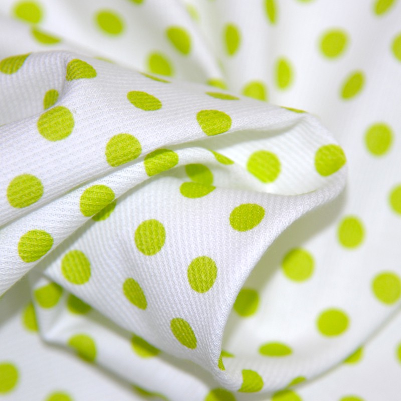 Tissus Piqué de coton milleraies imprimé pois vert anis sur fond blanc