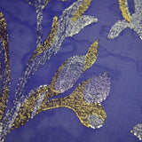Mousseline de Soie bleu roi Lys jacquard tissées or et argent