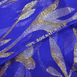 Mousseline de Soie bleu roi Lys jacquard tissées or et argent
