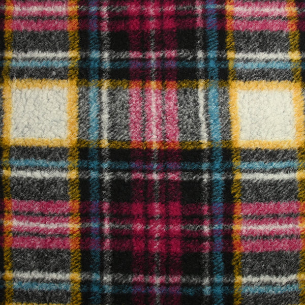 100% Laine sherpa à carreaux fuchsia, jaune et turquoise fond écru