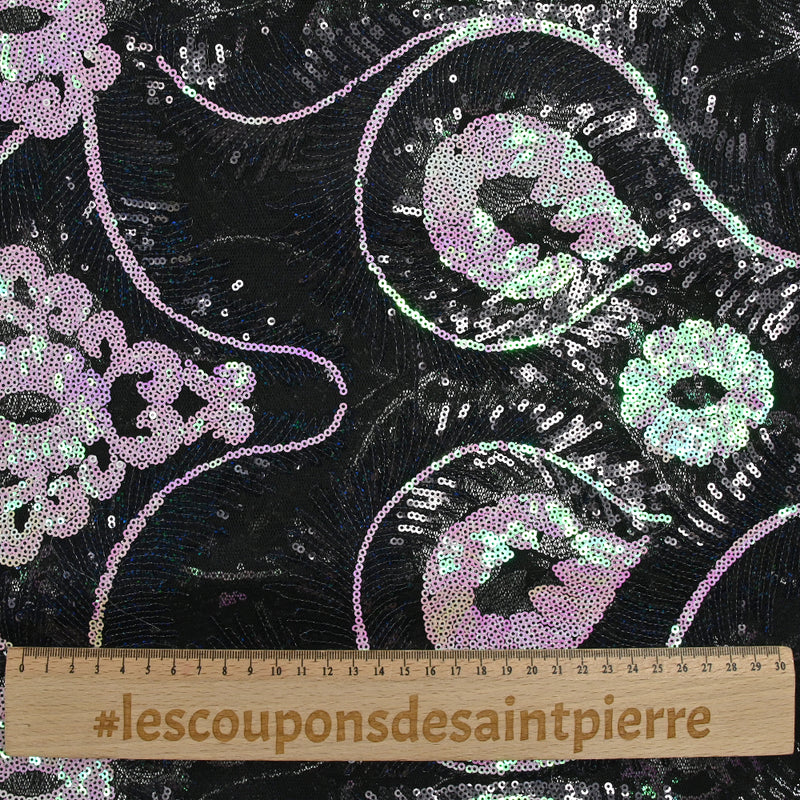 Tulle sequin plumes royales blanc holographique et noir