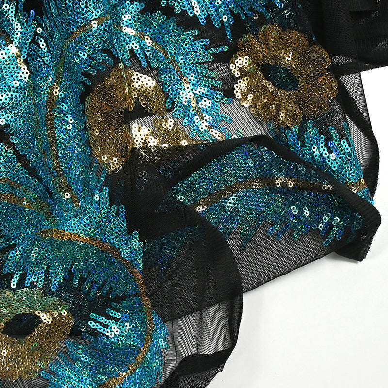 Tulle sequin plumes royales or et bleu turquoise