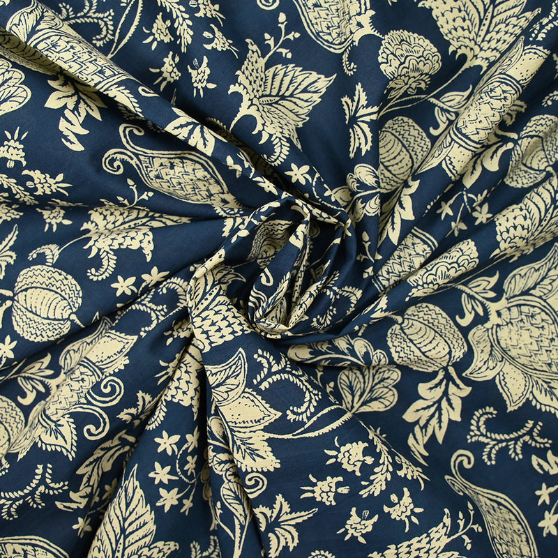 Coton indien imprimé Mumbai beige fond bleu