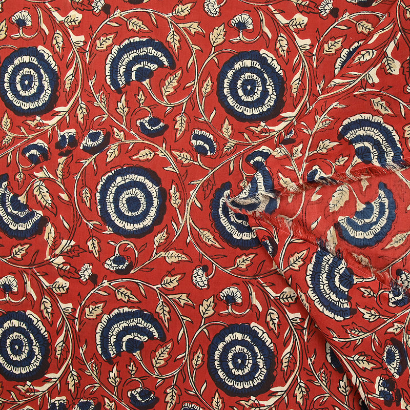 Coton indien imprimé Vadodara bleu marine fond rouge tomette