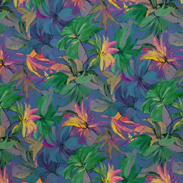 Microfibre imprimée polyester jungle tropicale fond bleu
