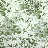 Popeline de coton imprimée fleurs et oiseaux vert fond blanc