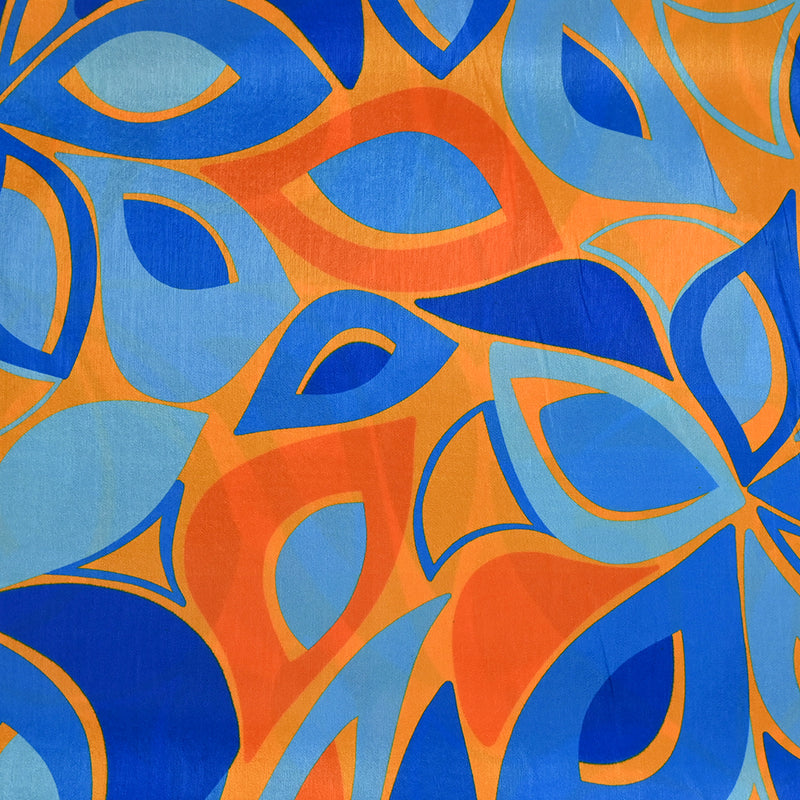 Crêpe satin lourd polyester imprimé œilleton bleu fond orange