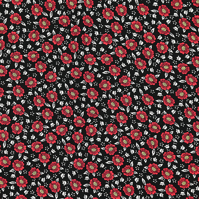 Viscose imprimée fleurs rouge fond noir