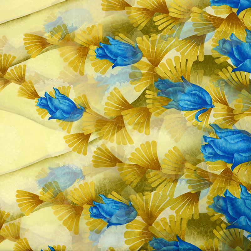 Mousseline polyester imprimée fleurs bleus et dorés fond jaune