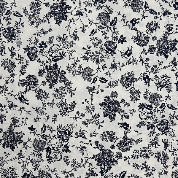 Coton imprimé des fleurs partout bleu foncé fond blanc