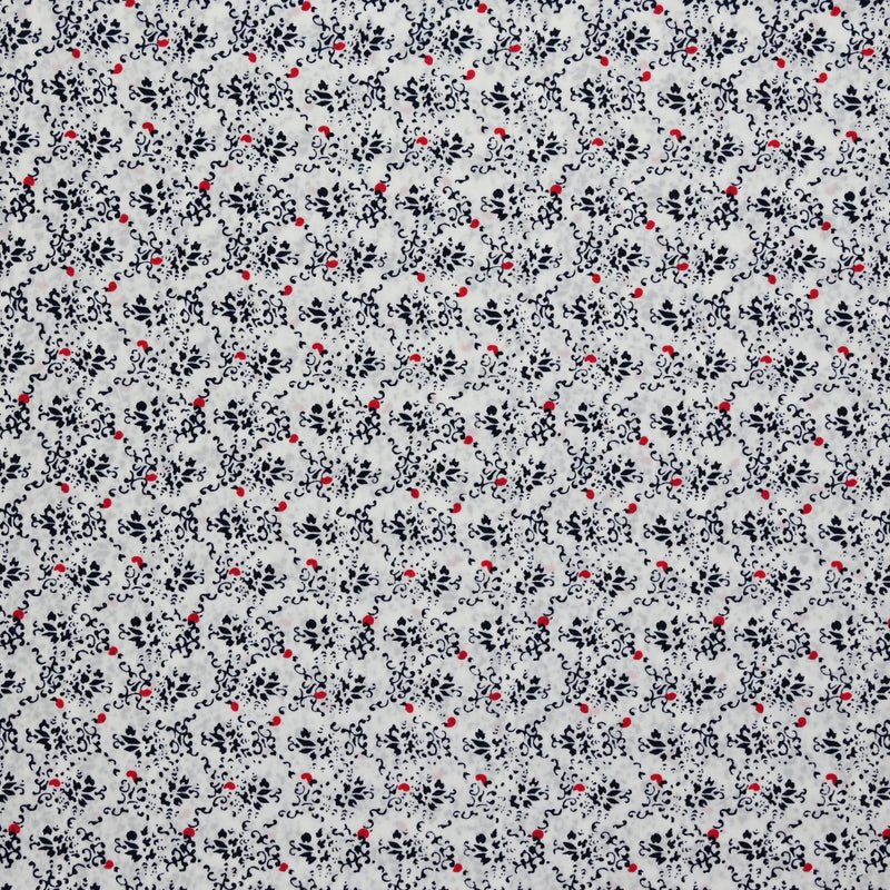 Crêpe de polyester imprimé imagine marine et rouge fond blanc