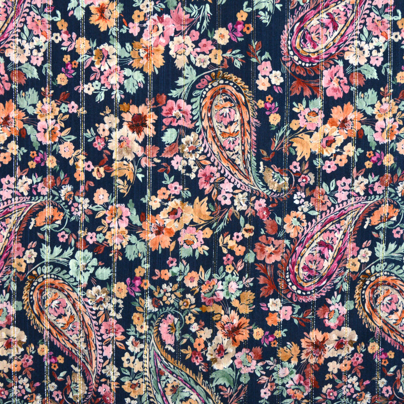 Voile de viscose lurex imprimé fleurs et cachemire fond bleu