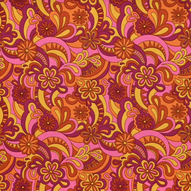 Tissu carnaval polyester seventies orange et rose