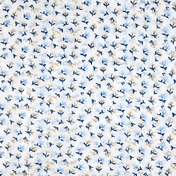 Vela de algodón estampado de plumetis Pequeño beige y flores azules