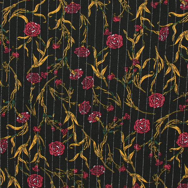 Crépon viscose lurex roses branchues fond noir