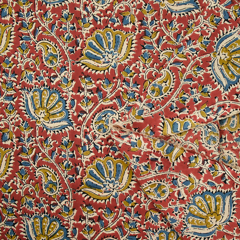 Coton indien imprimé Uma bleu barbeau et jaune fond tomette