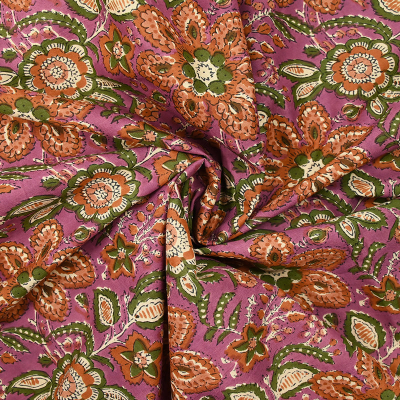 Indian cotton printed delhi brown and green purple background