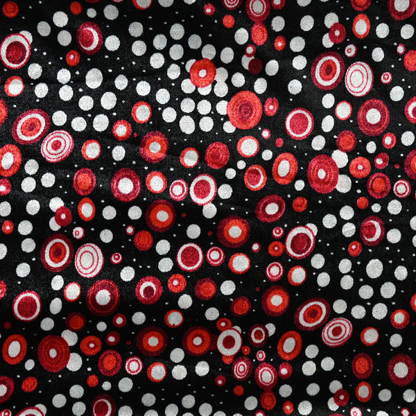 Velours maille polyester cercles rouge fond noir