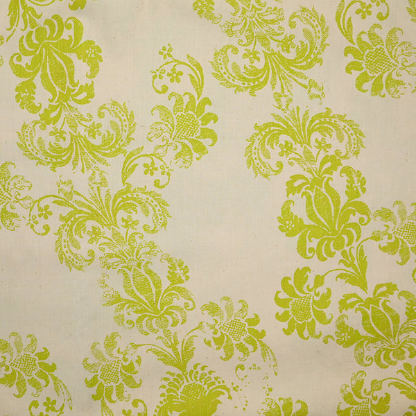 Coton élasthanne imprimé ornement vert anis fond beige clair