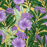 Viscose imprimée légère fleurs violettes et feuillage fond jaune