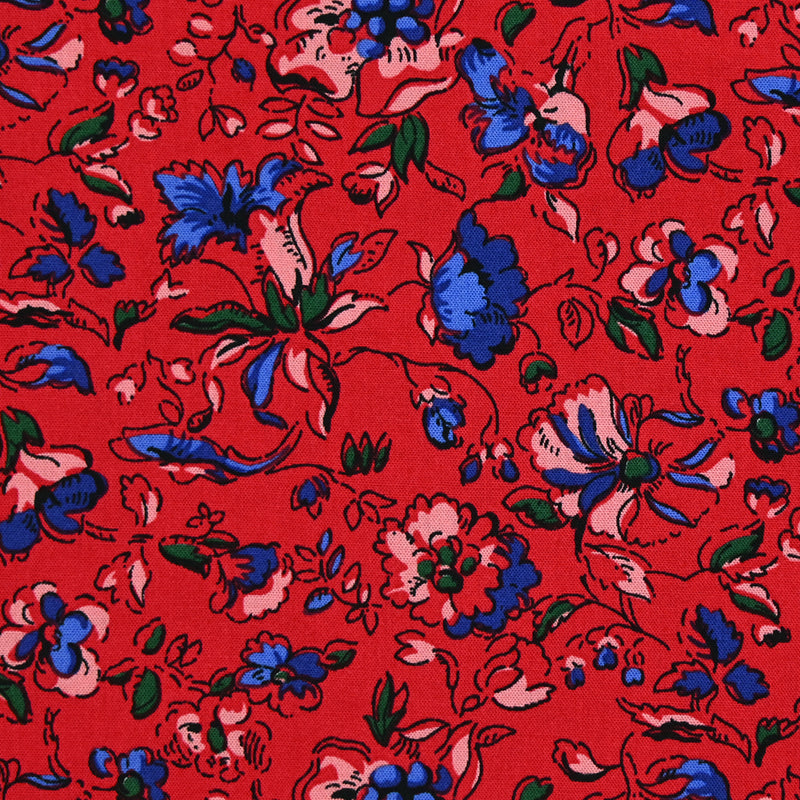 Viscose imprimée cascade de fleurs bleues fond rouge