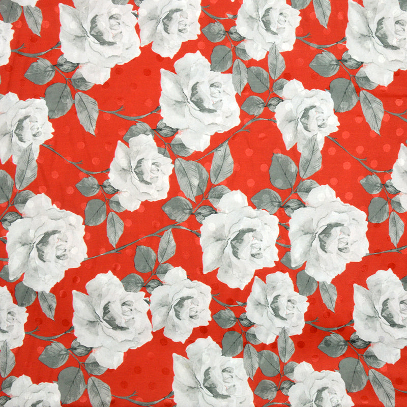 Satin imprimé et pois polyester fleurs gris fond rouge