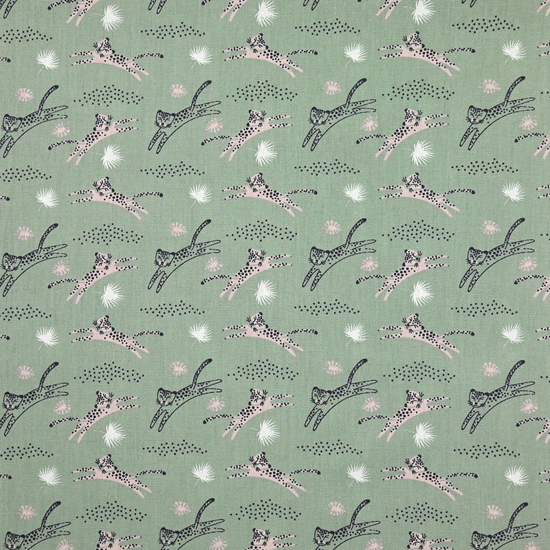 Popeline de coton léopard sauvage fond vert d'eau