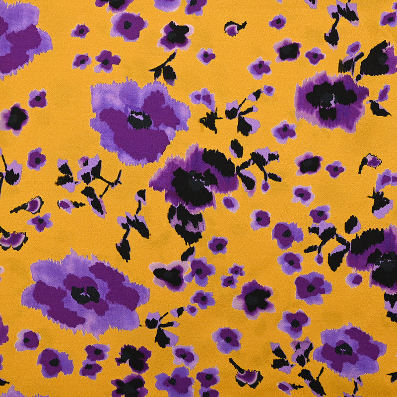 Satin de viscose fleur violet fond moutarde