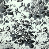 Popeline de coton imprimée fleurs et oiseaux noir fond blanc