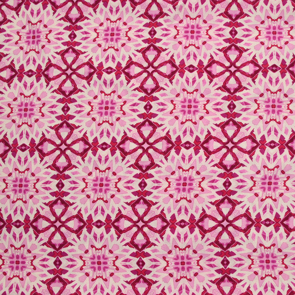 Printed viscose printed kaleidoscope purple and pink white background