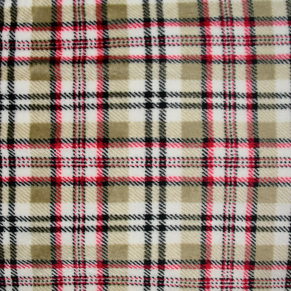 Polaire doudou imprimée tartan rouge et beige fond blanc