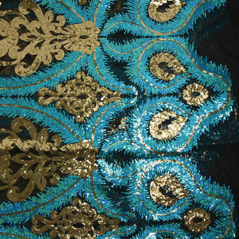 Tulle sequin plumes royales or et bleu turquoise